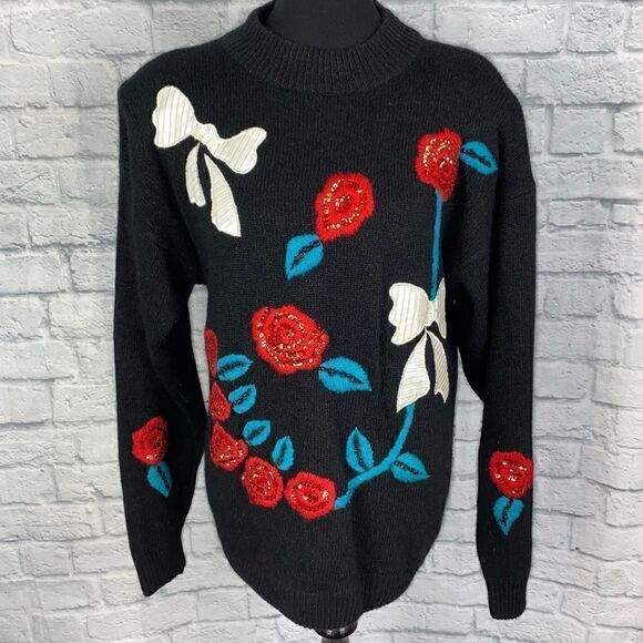 J.P. Val vintage 1980’s Longsleeve sequin accented flowers & bows sweater sz LG - Picture 1 of 11